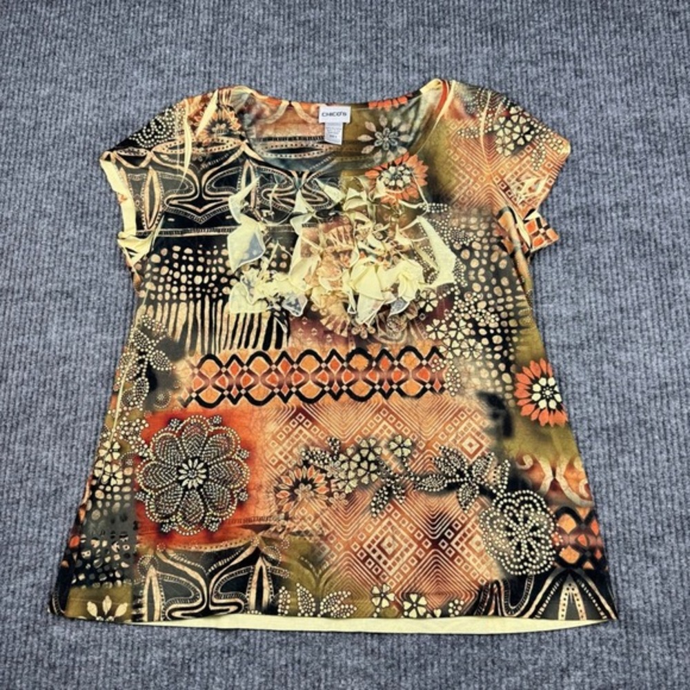Chicos Top Womens 2/L Y2K Mixed Print Cap Sleeve Forest Ruffle Neck Art Boho